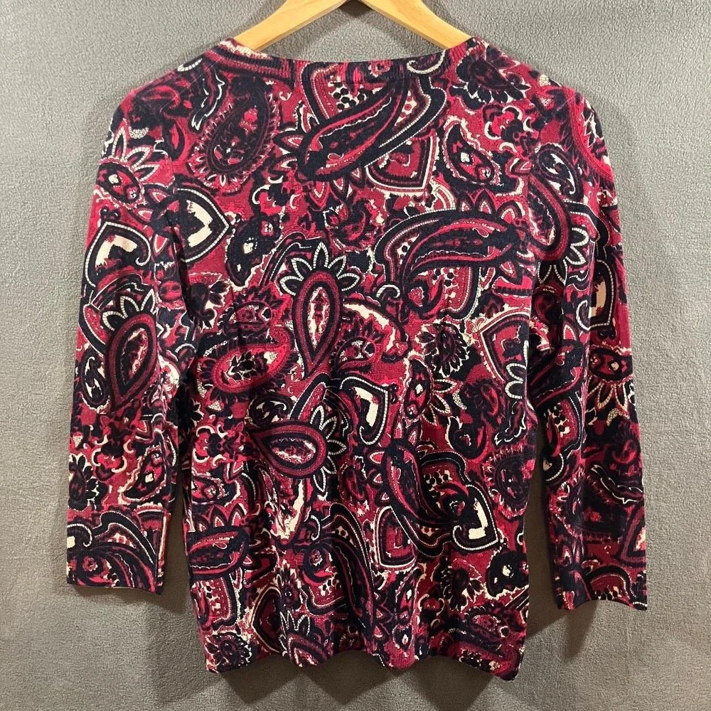 Talbots Red Paisley 100% Merino Wool V-Neck Sweater 3/4 Sleeve Women's Medium - Picture 3 of 5